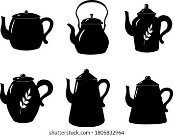 Un conjunto de teteras. Ilustración vectorial monocroma aislada sobre fondo blanco. Para iconos, logos, diseños. 
