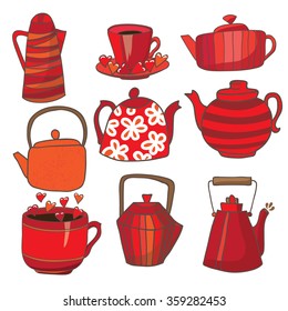 Set of teapots and mugs. Done in red color scheme. Kettles hand drawing. Background white.