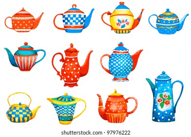 Set of a teapots on white background. Vector Illustration.