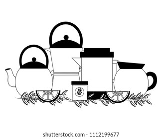 set teapots with pot and leaves isolated icon