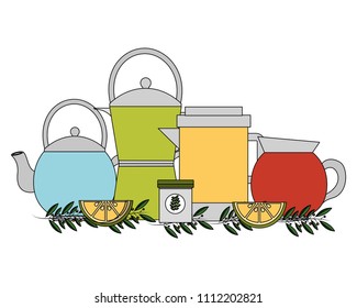 set teapots with pot and leaves isolated icon