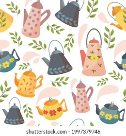 A set of teapots. Scandinavian style. Teapots decorated with flowers. Vector illustration for a postcard. Spring. Cute ceramic and iron teapots. It's tea time. Seamless Teapot Pattern.