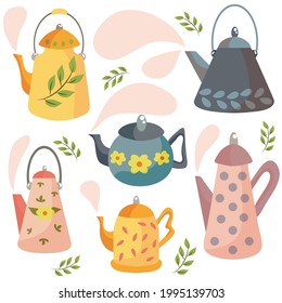 A set of teapots. Scandinavian style. Flower-decorated teapots. Vector illustration for a postcard. Spring time. Cute ceramic and iron teapots. Kitchen accessories. Tea time.