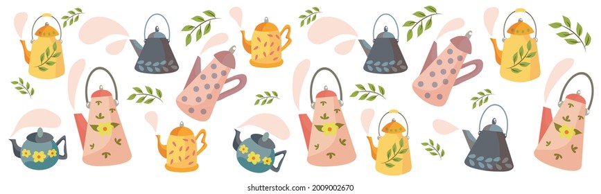 A set of teapots. Scandinavian style. Flower-decorated teapots. Vector illustration for a postcard. Spring time. Cute ceramic and iron teapots. Kitchen accessories. Tea time.