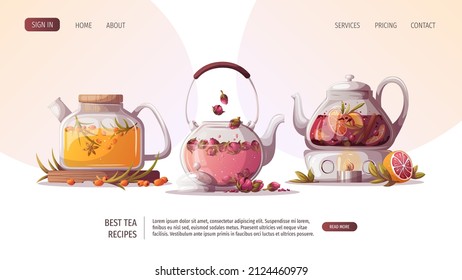 Set of teapots with sea buckthorn, flower and fruit tea. Tea shop, break, cafe-bar, tea lover, tea party, beverages concept. Vector illustration for poster, banner, website, menu, advertising. 