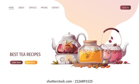 Set of teapots with sea buckthorn, flower and fruit tea. Tea shop, break, cafe-bar, tea lover, tea party, beverages concept. Vector illustration for poster, banner, website, menu, advertising. 