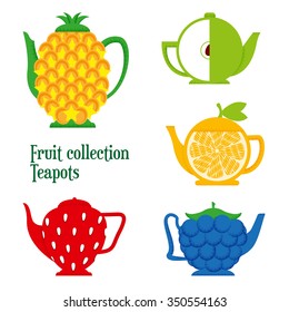 Set of teapots in the shape of fruits: Apple, lemon, BlackBerry, strawberry, pineapple