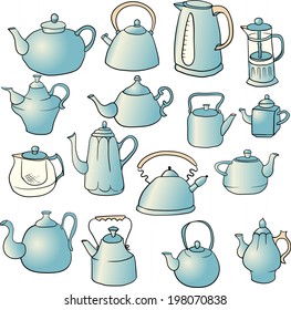 set of teapots, sketch drawing elements, vector illustration