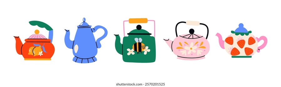 Set teapots for tea and coffee. Cartoon doodle kitchen mugs with patterns and drawings in retro style. Tea ceremony, porcelain tableware vector stickers