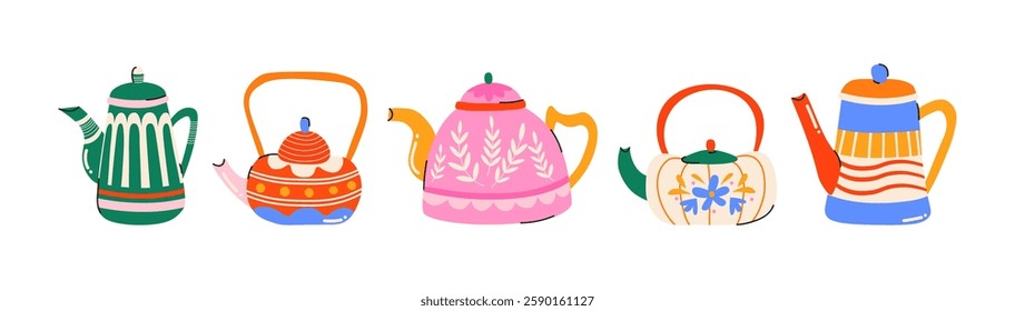 Set teapots for tea and coffee. Cartoon doodle kitchen mugs with patterns and drawings in retro style. Tea ceremony, porcelain tableware vector stickers