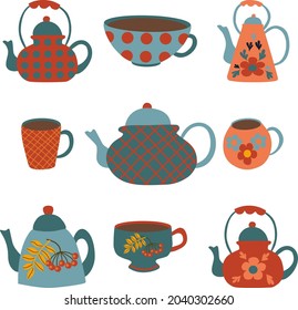 Un conjunto de teteras y tazas de té. Elemento de diseño, cliente.