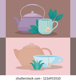 set of teapots with tea cups of herbs