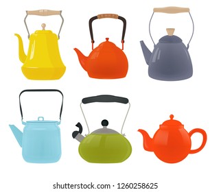 A set of teapots for tea of ​​different shapes and colors.
