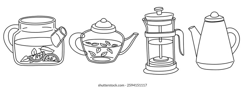 set teapots with tea and water. Outline illustration on white. variety of kettles with and without liquids. Monochrome doodle. Use illustrations for websites, product catalogs, promotional materials.