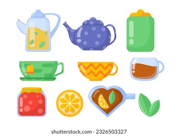 Set of teapots and teacups concept. Mug with hot drinks, coffee or tea. Kitchen utensils and crockery, cookware. Tasty liquid and beverage. Cartoon flat vector collection isolated on white background