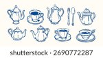 Set of teapots teacups in hand drawn style, Whimsical drawing vector illustration, sketch element for menu, tea party invitations card