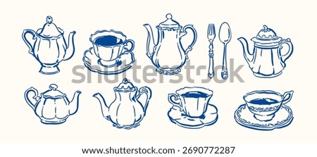 Set of teapots teacups in hand drawn style, Whimsical drawing vector illustration, sketch element for menu, tea party invitations card