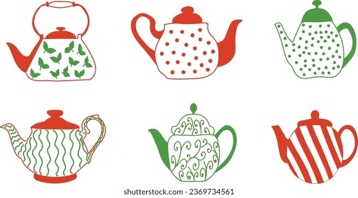 set teapots, vector illustration, colorful teapots with patterns