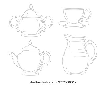A set of teapots vector illustration for a tea ceremony or breakfast, hand-drawn stripes. Tableware for drinks, tea coffee cups, milk jug, decanter, cream cup, teapot.
