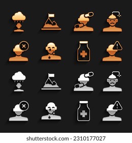 Establecer ojo de llanto de lágrima, concusión, dolor de cabeza, encontrar problema en psicología, pastillas sedantes, solución, depresión y frustración y montañas con icono de la bandera superior. Vector