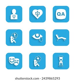 Set Ojo de lágrima, Mano amiga, Reloj de arena viejo, Sillón, Máscara de tragedia de comedia, Cabeza con signo de interrogación, Respuesta a la pregunta y Psicología, Icono de Psi. Vector