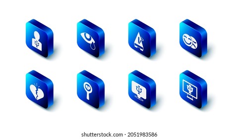 Set Tear cry eye, Metronome with pendulum, Comedy and tragedy masks, Psychologist online, Psychology, Psi, Broken heart or divorce,  and  icon. Vector