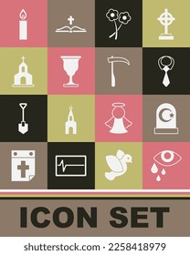 Set Tear cry eye, Muslim cemetery, Tie, Flower, Christian chalice, Church building, Burning candle and Scythe icon. Vector