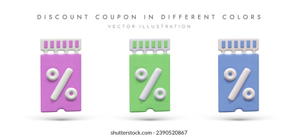 Set of tear off coupons for discount. Vouchers with interest signs. Promotional flyer. Vector illustration in cartoon style. Images for sales, promotions, bonus accruals
