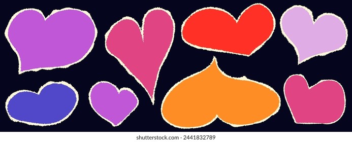 Conjunto de corazones de papel lacrimógeno. Cortar el corazón de color con el borde roto. Forma de garabato de amor chatarra. Ilustración de vector