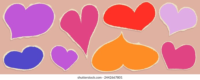 Set of tear paper hearts. Cut color heart with torn edge. Shape love doodle scrap. Vector illustration