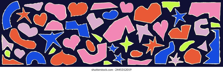 Set of tear paper shapes collage cut. Cut color shape with torn edge. Set doodle scrap. Vector illustration