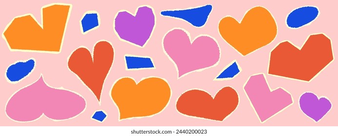 Set of tear paper shapes heart collage cut. Cut color shape with torn edge. Set doodle scrap. Vector illustration