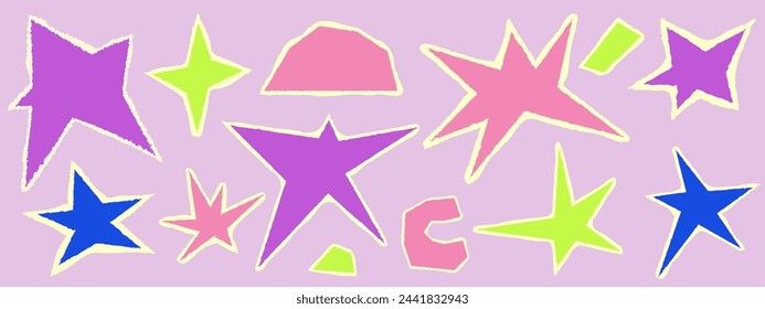 Set of tear paper shapes star collage cut. Cut color shape with torn edge. Set doodle scrap. Vector illustration
