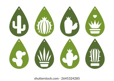 Set of teardrop designs with cactus for earrings, pendant or keychain. Botanical jewelry silhouette cutting template. Laser cutting with metal, wood or leather. Plant  jewellery vector stencil