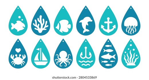 Set of teardrop designs for earrings, pendant or keychain with sea animals and elements. Jewelry cutting template with ocean symbols. Laser cut with leather, wood or metal. Hanging bijouterie stencil
