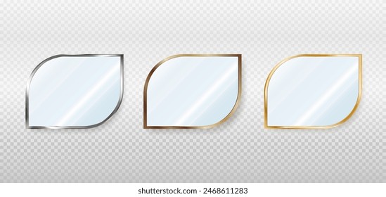 Un conjunto de espejos en forma de lágrima en marcos de plata, bronce y oro. Espejo reflectante, reflectante, placa de vidrio. Ilustración vectorial 3d aislada sobre fondo transparente.