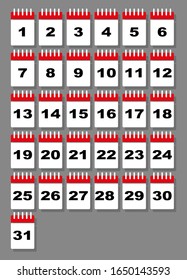 Set of tear-off calendar pages. Days of the month. Flat style isolated on gray background. Vector illustration
