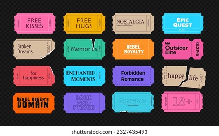 A set of tear-off tickets with teenage phrases. Paper torn elements for trendy collage design. Vector illustration with vibrant wavy coupons