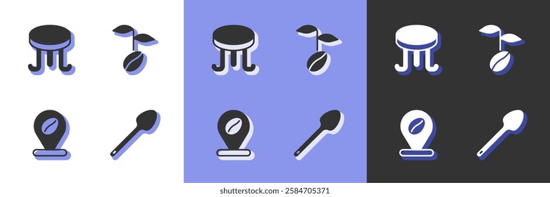 Set Teaspoon, Coffee table, Location with coffee bean and beans icon. Vector