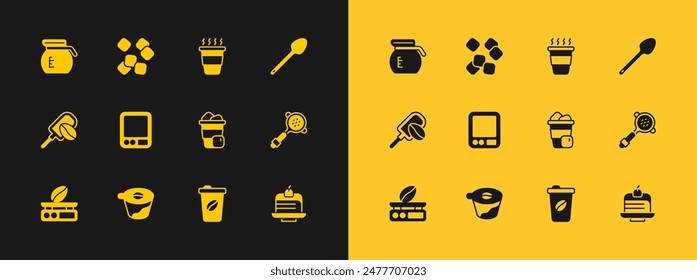 Set Teaspoon, Pour over coffee maker, Iced, Coffee cup to go, Electronic scales, pot and Sugar cubes icon. Vector