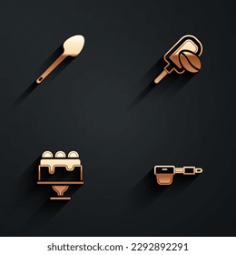 Set Teaspoon, Spatula with coffee grain, Cake and Coffee filter holder icon with long shadow. Vector