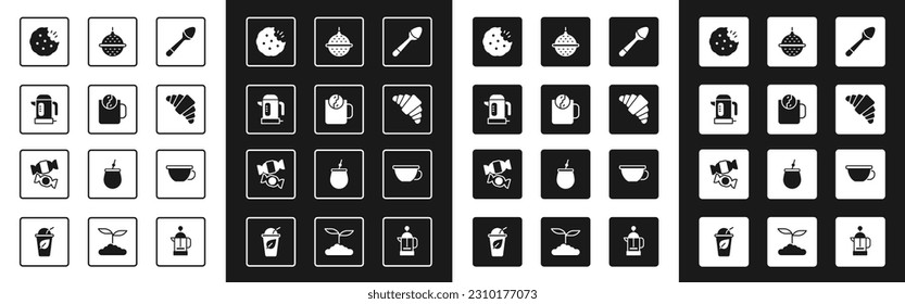 Set Teaspoon, time, Electric kettle, Cookie or biscuit, Croissant, Ball tea strainer, Cup of and Candy icon. Vector