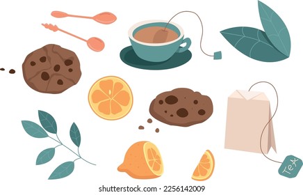 A set of tea-themed objects including a cup of tea, spoons, cookies, lemons, leaves and a te