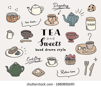 A set of teatime doodle illustrations of tea and sweets such as mugs, tea packs, tarts, teapots, etc.