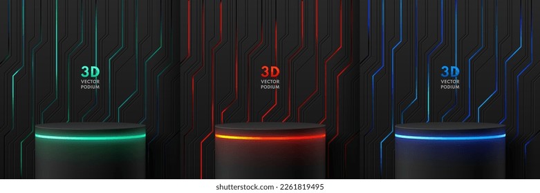 Set of tech 3d background with black cylinder stand podium. Green, red, blue neon light circuit pattern scene. Abstract minimal wall scene, Mockup product display. Geometric platforms. Stage showcase.