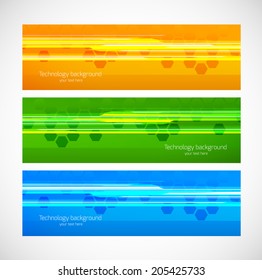 Set of tech banners with straight line and hexagons