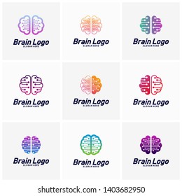 Set of Tech Brain logo design vector, Mind Technology concept logo template, Icon Symbol