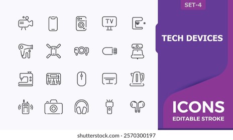 Set of Tech Devices line icons. It contains symbols to display, screen, electronics, media, pad, laptop, reality. Thin UI icon design. Minimalist editable vector icon and illustration.