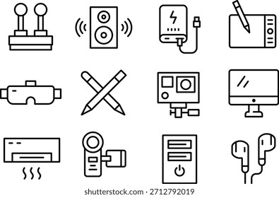 Conjunto de ícones de gadgets técnicos isolados em plano de fundo transparente