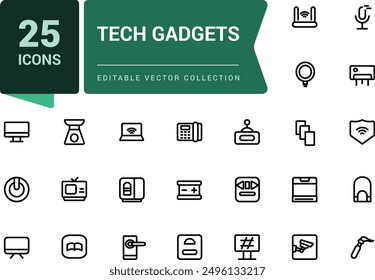 Conjunto de gadgets de tecnología iconos de contorno mínimo. relacionados con dispositivo, electrodomésticos, cámara y más. Colección de iconos lineales. Trazo editable. Ilustración vectorial.